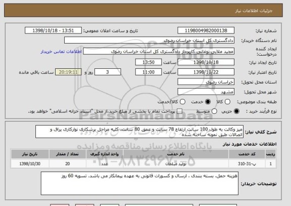 استعلام میز وکالت به طول 100 سانت ارتفاع 78 سانت و عمق 80 سانت. کلیه مراحل برشکاری نوارکاری یراق و اتصالات طبق نمونه ساخته شده  