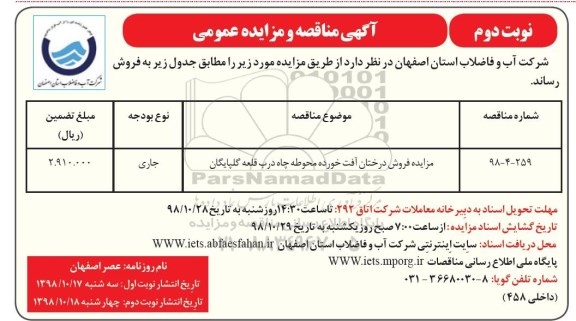 مزایده, مزایده فروش درختان آفت خورده محوطه چاه درب قلعه - نوبت دوم 