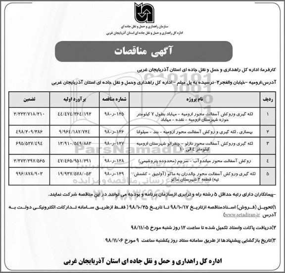 مناقصه، مناقصه لکه گیری و روکش آسفالت محور ... 