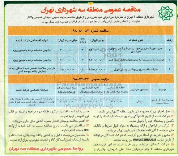 مزایده ، مزایده بهره برداری از گل فروشی بوستان