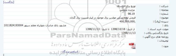 مزایده، مزایده فروش لوازم یدكی مولدین برق