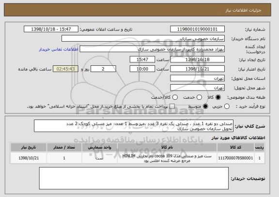 استعلام صندلی دو نفره 1 عدد ، صندلی یک نفره 3 عدد ،میز وسط 1 عدد،  میز عسلی کوچک 2 عدد
تحویل سازمان خصوصی سازی