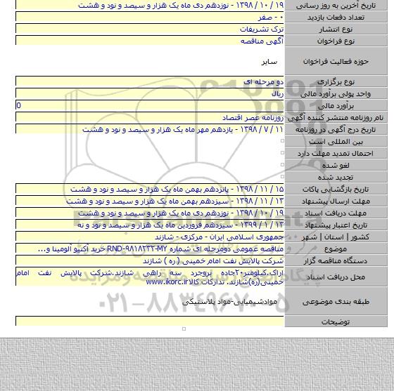 مناقصه عمومی دومرحله ای شماره RND-۹۸۱۸۲۳۲-MY خرید آکتیو آلومینا و...