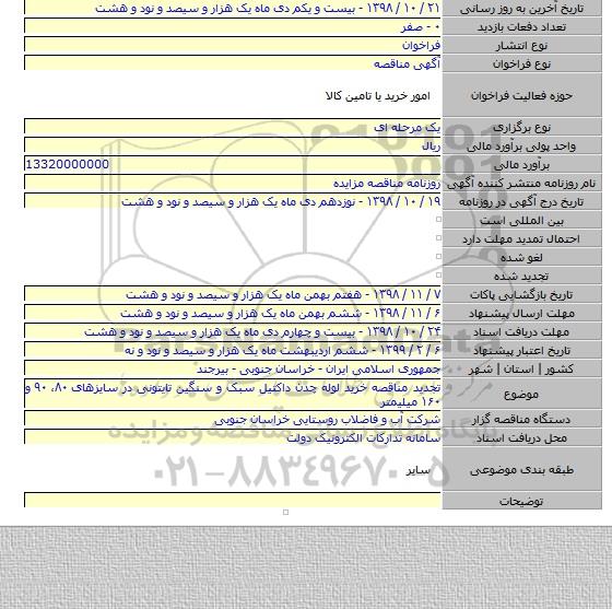 تجدید مناقصه خرید لوله چدن داکتیل سبک و سنگین تایتونی در سایزهای ۸۰، ۹۰ و ۱۶۰ میلیمتر