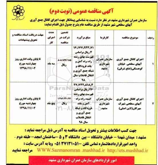 مناقصه , مناقصه اجرای کانال جمع آوری آبهای سطحی ... نوبت دوم 