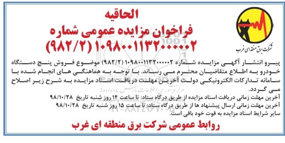 الحاقیه فراخوان مزایده , فراخوان مزایده فروش پنج دستگاه خودرو