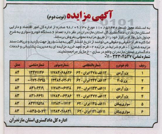 مزایده ، مزایده تعداد 6 دستگاه خودرو سواری نوبت دوم