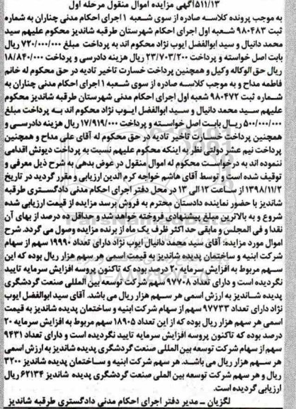 مزایده مزایده 19990 سهم از سهام شرکت ابنیه مرحله اول 
