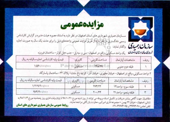 آگهی مزایده مزایده اجاره دو واحد مسکونی 248.49 مترمربع