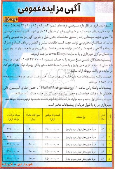 آگهی مزایده عمومی, مزایده واگذاری سرقفلی غرفه