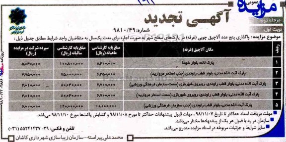 تجدید مزایده عمومی، مزایده واگذاری 5 عدد آلاچیق چوبی (غرفه)
