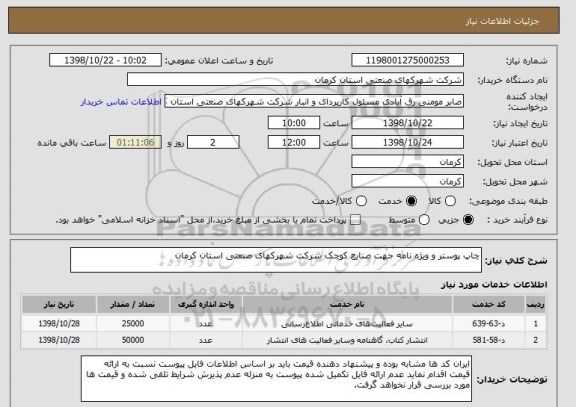 استعلام چاپ پوستر و ویژه نامه جهت صنایع کوچک شرکت شهرکهای صنعتی استان کرمان