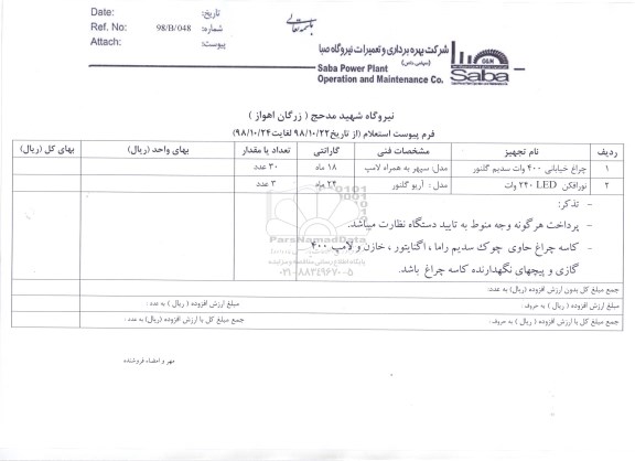 استعلام, استعلام چراغ خیابانی 400 وات سدیم گلنور	و ...