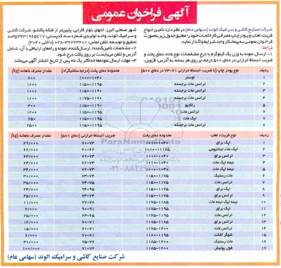 فراخوان, فراخوان تامین انواع فریب، لعاب و پودر چاپ مصرفی کارخانجات 