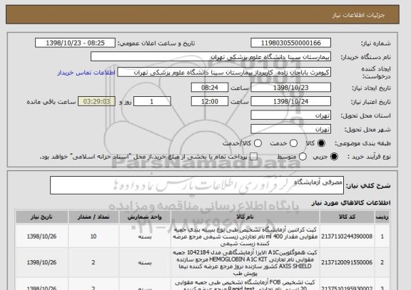 استعلام مصرفی آزمایشگاه