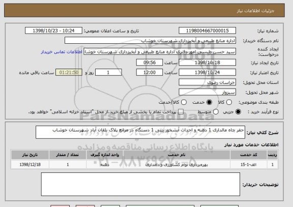 استعلام حفر چاه مالداری 1 دهنه و احداث آبشخور بتنی 1 دستگاه در مراتع پلاک بلقان آباد شهرستان خوشاب