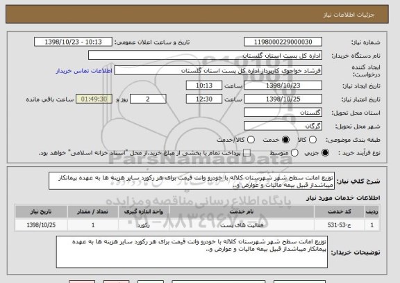 استعلام توزیع امانت سطح شهر شهرستان کلاله با خودرو وانت قیمت برای هر رکورد سایر هزینه ها به عهده پیمانکار میباشداز قبیل بیمه مالیات و عوارض و..