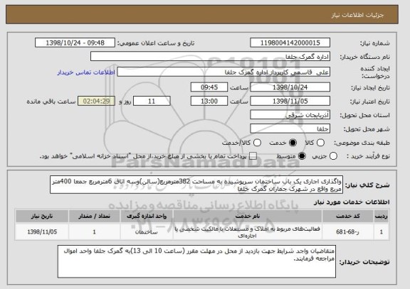 استعلام واگذاری اجاری یک باب ساختمان سرپوشیده به مساحت 382مترمربع(سالن)وسه اتاق 6مترمربع جمعا 400متر مربع واقع در شهرک جماران گمرک جلفا
