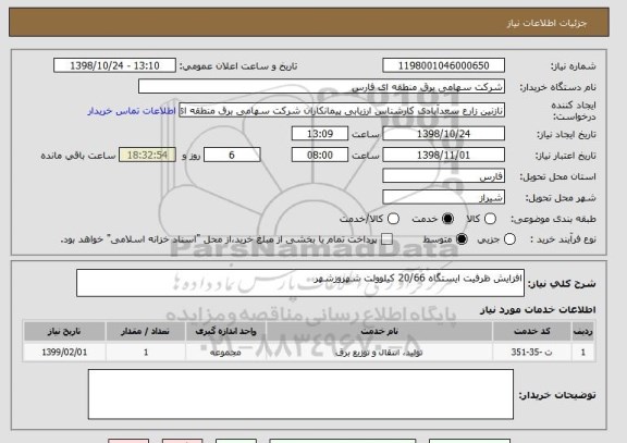 استعلام افزایش ظرفیت ایستگاه 20/66 کیلوولت شهروزشهر