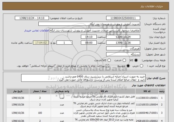 استعلام خرید به صورت اسناد خزانه اسلامی با سر رسید سال 1400 می باشد .
تایید و  ابطال مبالغ اعلام شده پس از بررسی درشورای مالی صورت می گیرد .