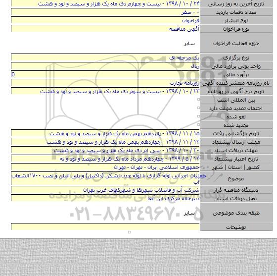 عملیات اجرایی لوله گذاری با لوله چدن نشکن (داکتیل) و پلی اتیلن و نصب  ۱۷۰۰انشعاب آب