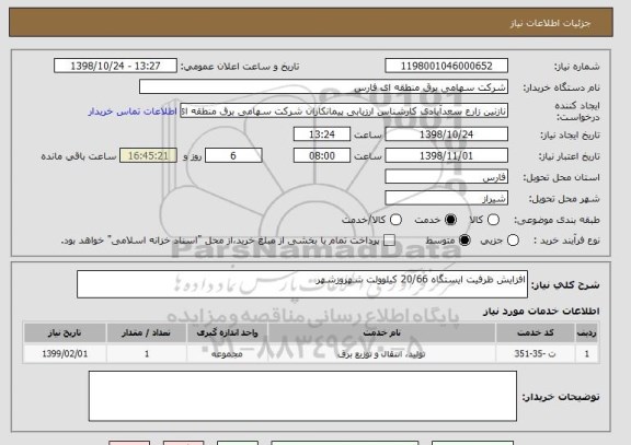 استعلام افزایش ظرفیت ایستگاه 20/66 کیلوولت شهروزشهر