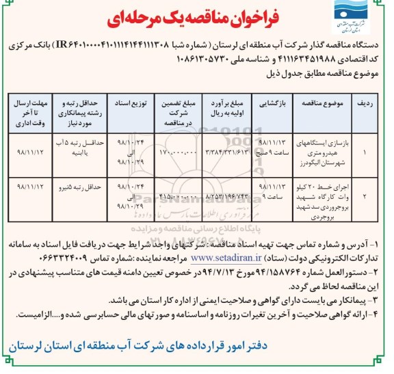 فراخوان مناقصه عمومی , مناقصه بازسازی ایستگاههای هیدرومتری ...