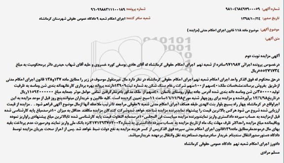 مزایده،مزایده 40 سهم از 100 سهم شرکت رخام سنگ شکن- نوبت دوم