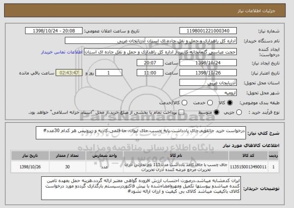 استعلام درخواست خرید جاتقویم،جای یادداشت،پایه چسب،جای لیوان، جا قلمی،کاذیه و زیرونیس هر کدام 30عدد#