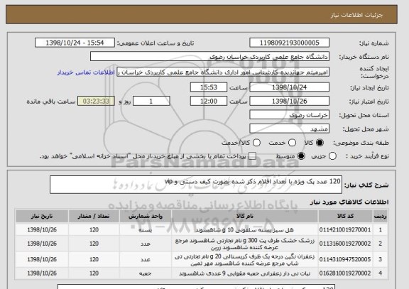 استعلام 120 عدد پک ویژه با تعداد اقلام ذکز شده بصورت کیف دستی و vip
