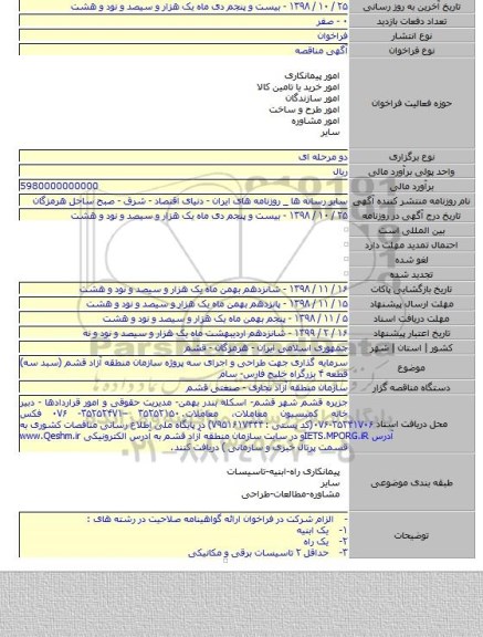سرمایه گذاری جهت طراحی و اجرای سه  پروژه سازمان منطقه آزاد قشم (سبد سه) قطعه ۴ بزرگراه خلیج فارس- سام