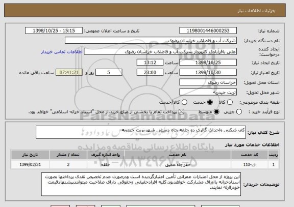 استعلام کف شکنی واحداث گالری دو حلقه چاه دستی شهر تربت حیدریه