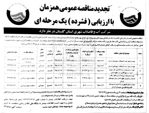 تجدید مناقصه عمومی, تجدید مناقصه تهیه و حمل کیت انشعابات شهرهای... 