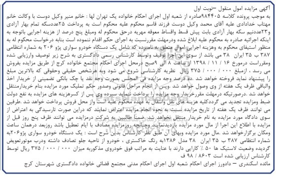 مزایده مزایده یک دستگاه خودرو سواری پژو 206 خاکستری نوبت اول