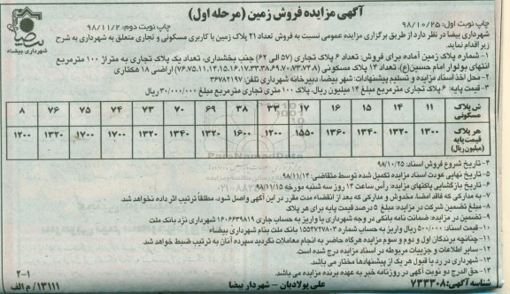 مزایده ،مزایده فروش 21 پلاک زمین کاربری مسکونی و تجاری مرحله اول نوبت اول