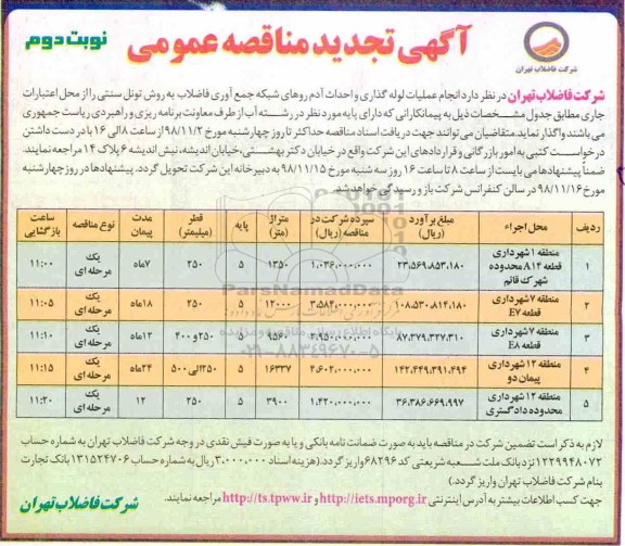 تجدید مناقصه، تجدید مناقصه انجام عملیات لوله گذاری و احداث آدم روهای شبکه جمع آوری فاضلاب و...نوبت دوم