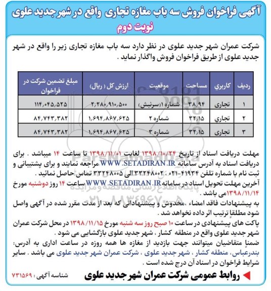 آگهی مزایده مزایده فروش سه باب مغازه تجاری نوبت دوم 