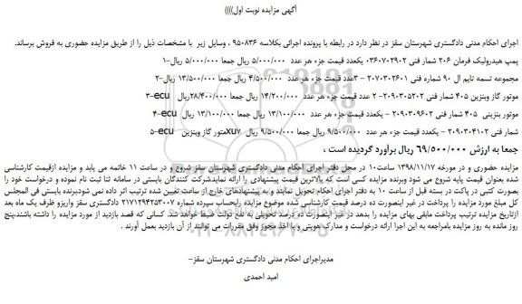 مزایده پمپ هیدرولیک و...