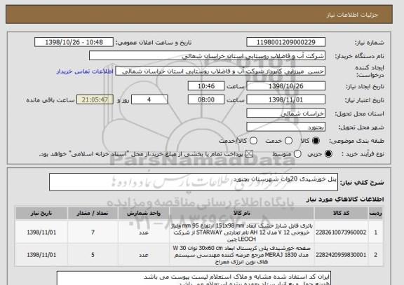 استعلام پنل خورشیدی 20وات شهرستان بچنورد 