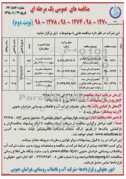 مناقصه های عمومی یک مرحله ای, مناقصه مجتمع آبرسانی ...نوبت دوم