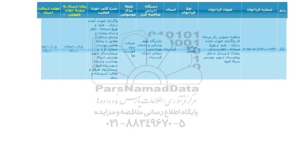 مناقصه، مناقصه عمومی ,  واگذاری آماده سازی، طبخ و توزیع غذای بیماران ...