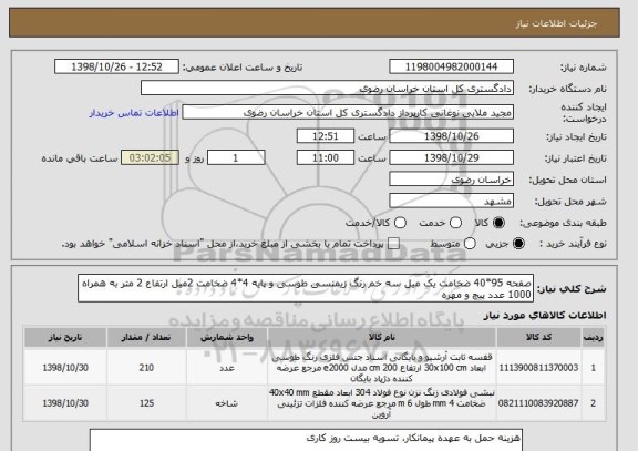 استعلام صفحه 95*40 ضخامت یک میل سه خم رنگ زیمنسی طوسی و پایه 4*4 ضخامت 2میل ارتفاع 2 متر به همراه 1000 عدد پیچ و مهره