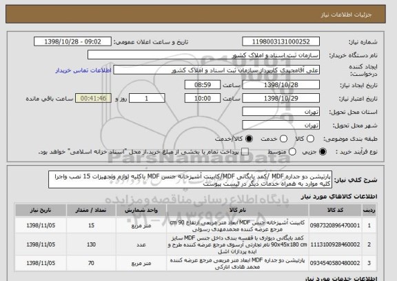 استعلام پارتیشن دو جداره MDF /کمد بایگانی MDF/کابینت آشپزخانه جنس MDF باکلیه لوازم وتجهیزات 15 نصب واجرا کلیه موارد به همراه خدمات دیگر در لیست پیوست
