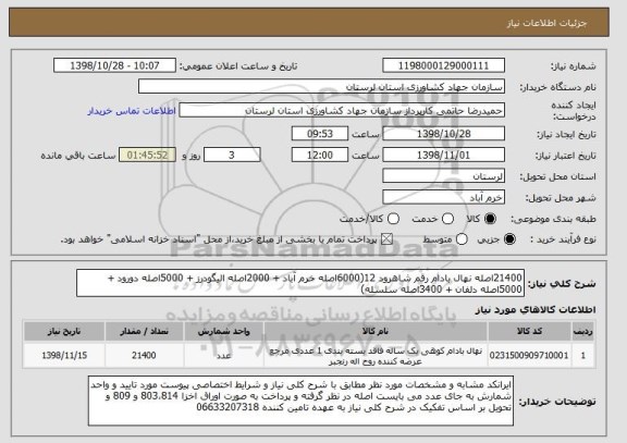 استعلام 21400اصله نهال بادام رقم شاهرود 12(6000اصله خرم آباد + 2000اصله الیگودرز + 5000اصله دورود + 5000اصله دلفان + 3400اصله سلسله)