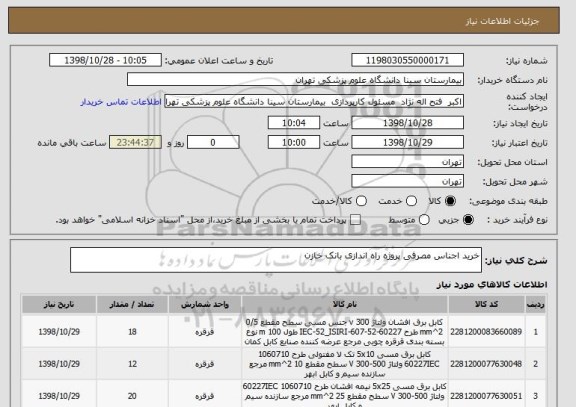 استعلام خرید اجناس مصرفی پروژه راه اندازی بانک خازن 