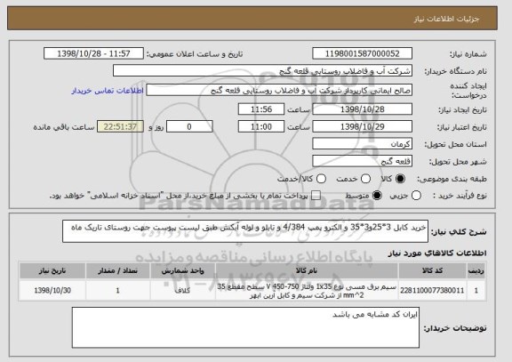 استعلام خرید کابل 3*25و3*35 و الکترو پمپ 4/384 و تابلو و لوله آبکش طبق لیست پیوست جهت روستای تاریک ماه 