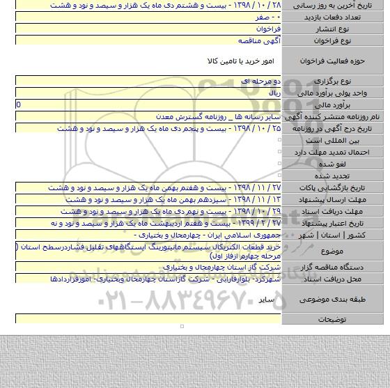 خرید قطعات الکتریکال سیستم مانیتورینگ ایستگاههای تقلیل فشاردرسطح استان ( مرحله چهارم ازفاز اول)