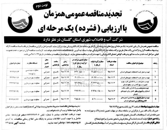 تجدید مناقصه عمومی, تجدید مناقصه تهیه و حمل کیت انشعابات شهرهای... - نوبت دوم 