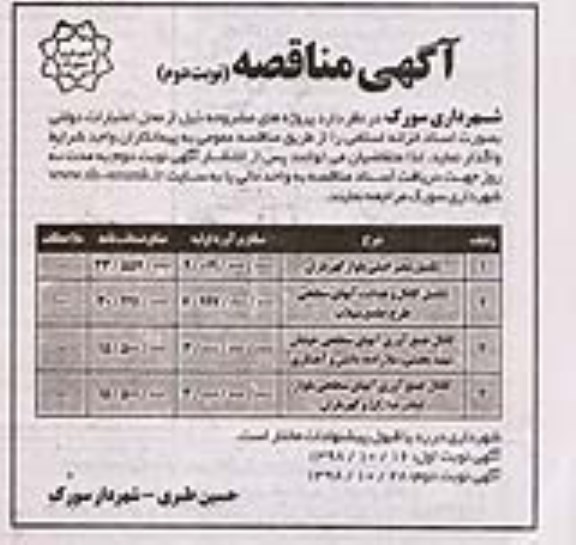 مناقصه تکمیل معبر اصلی بلوار ...- نوبت دوم 