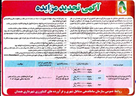 تجدید مزایده , مزایده بهره برداری از بازارچه محلی